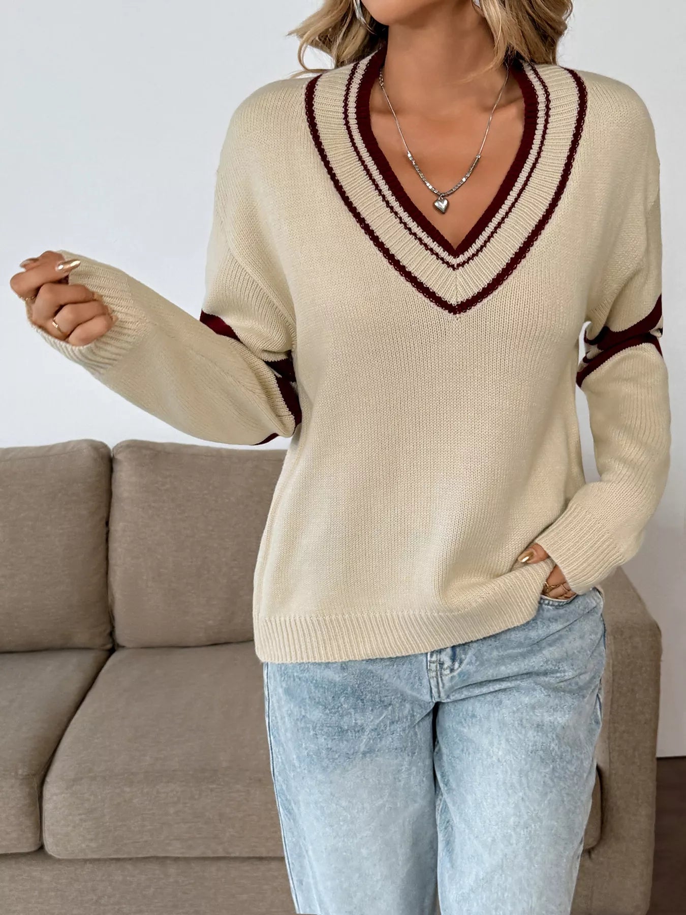 Contrast Trim V-Neck Long Sleeve Sweater