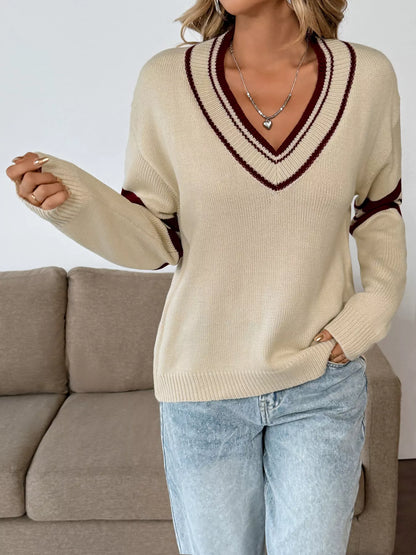 Contrast Trim V-Neck Long Sleeve Sweater