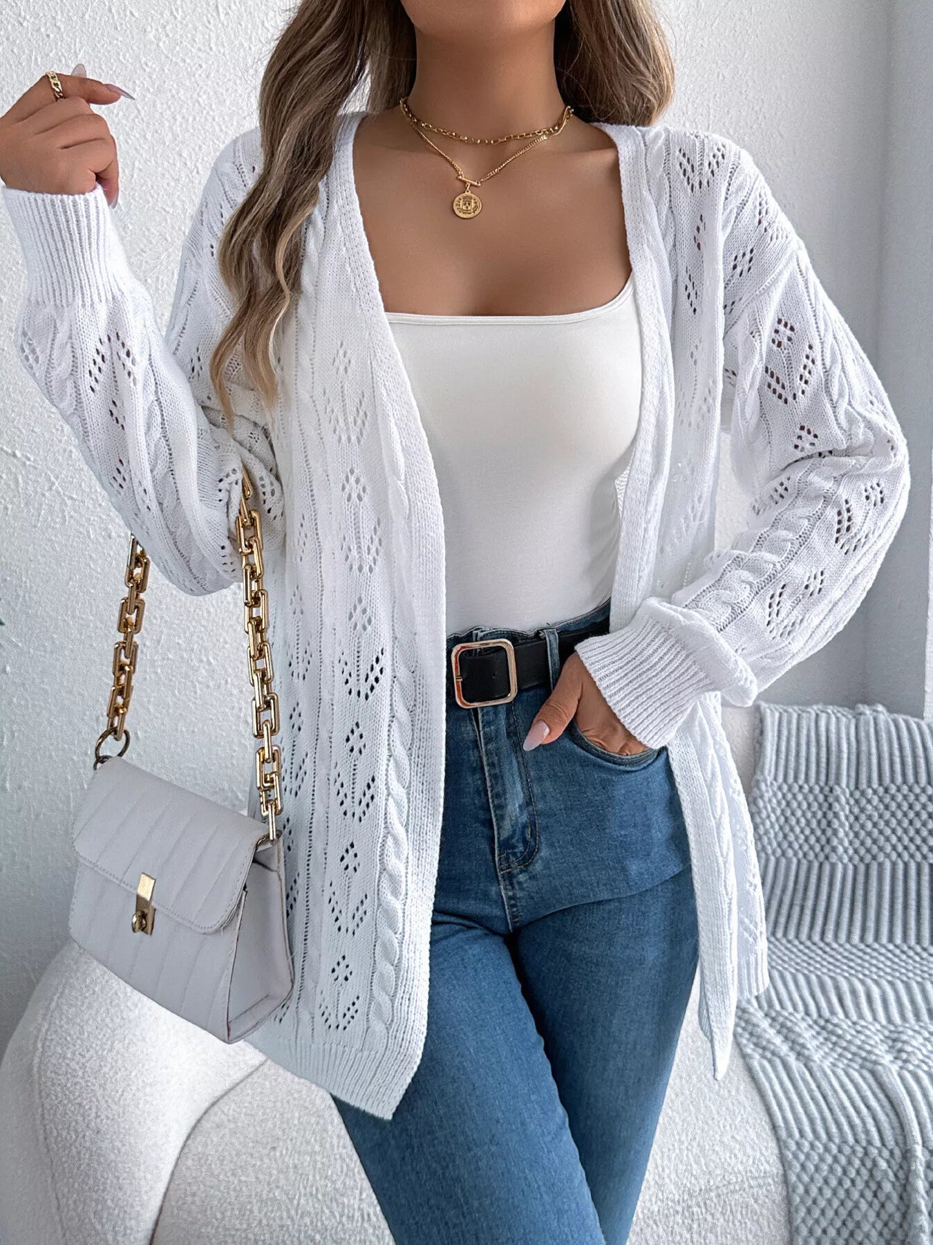 Openwork Open Front Long Sleeve Cardigan