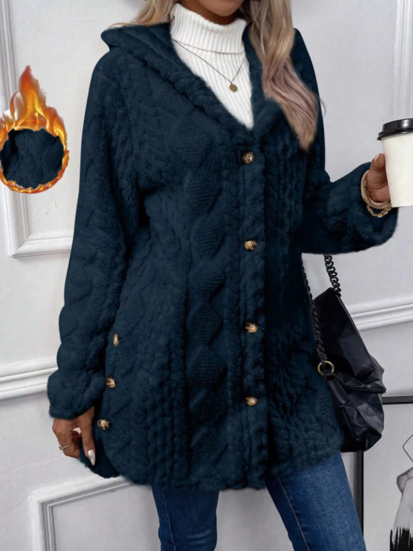 Full Size Button-Down Hooded Outerwear Plus Size Navy