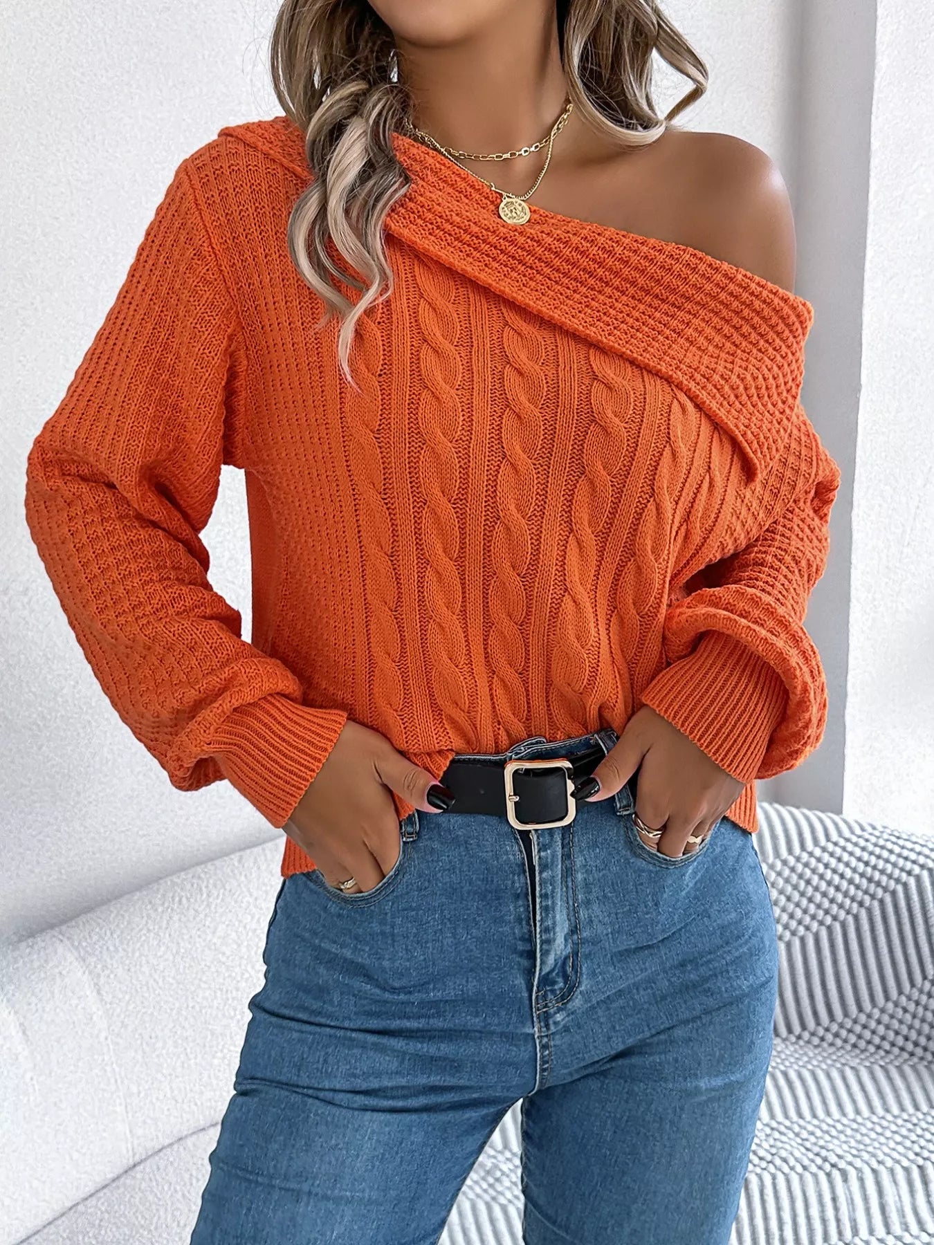 Off-Shoulder Cable Knit Sweater