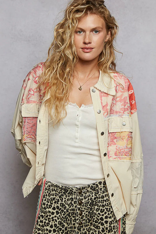 POL Printed Woven Mix Raw Hem Jacket with Lace Detail Cream