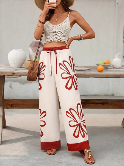 Floral Drawstring Wide Leg Pants Dust Storm
