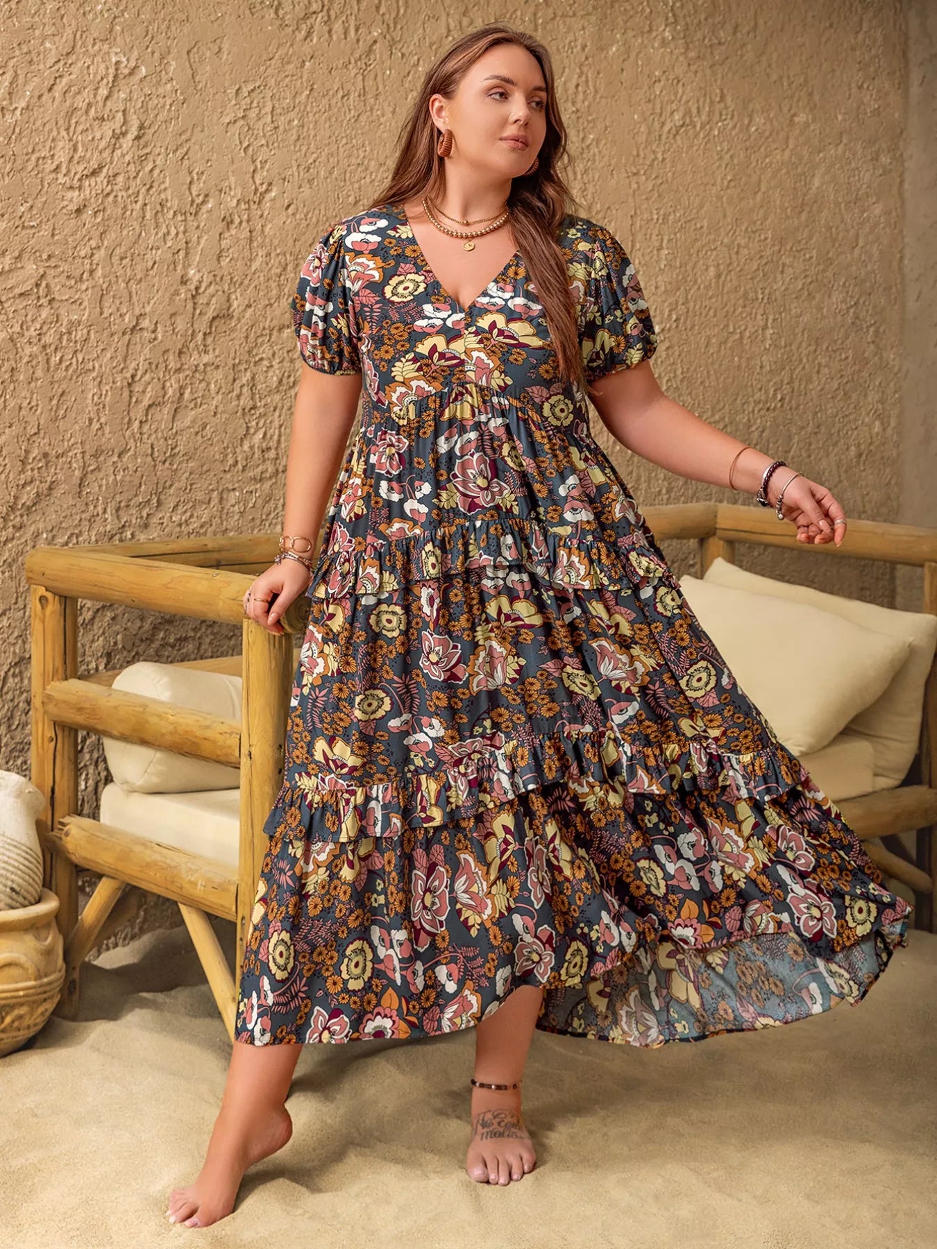 Plus Size V-Neck Short Sleeve Midi Dress Multicolor