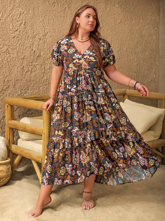 Plus Size V-Neck Short Sleeve Midi Dress Multicolor