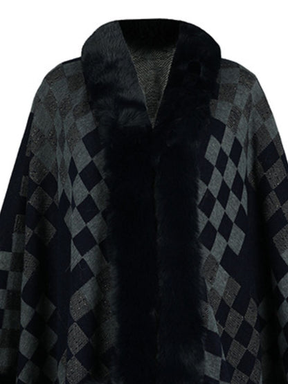 Fuzzy Checkered Long Sleeve Poncho Dark Navy One Size