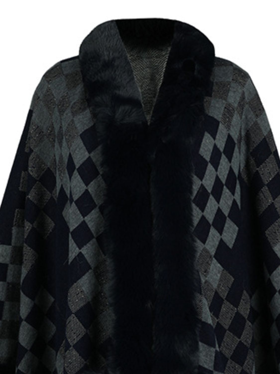 Fuzzy Checkered Long Sleeve Poncho Dark Navy One Size