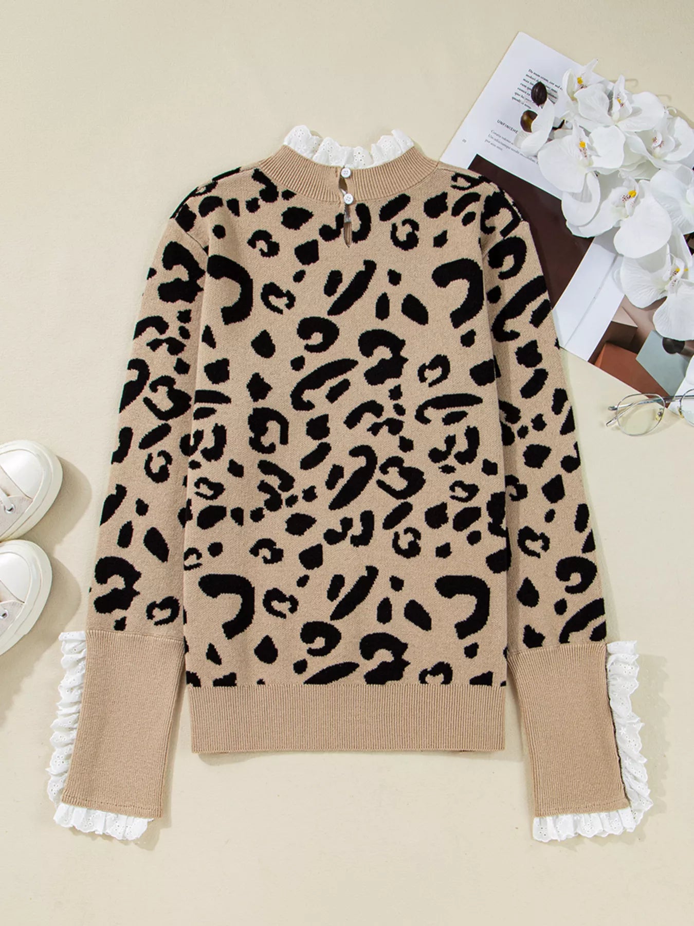 Leopard Pattern Lace Ribbed Detail Button Cuffed Sweater