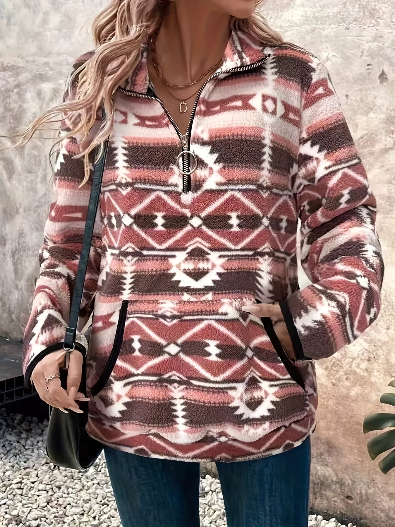 Geometric Half Zip Long Sleeve Sweatshirt