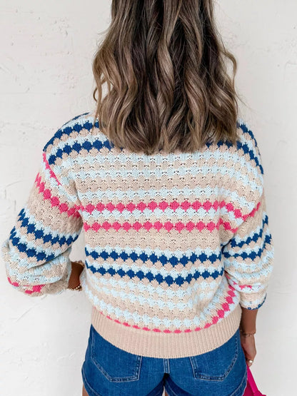 Stripe Eyelet Patterned Drop Shoulder Sweater