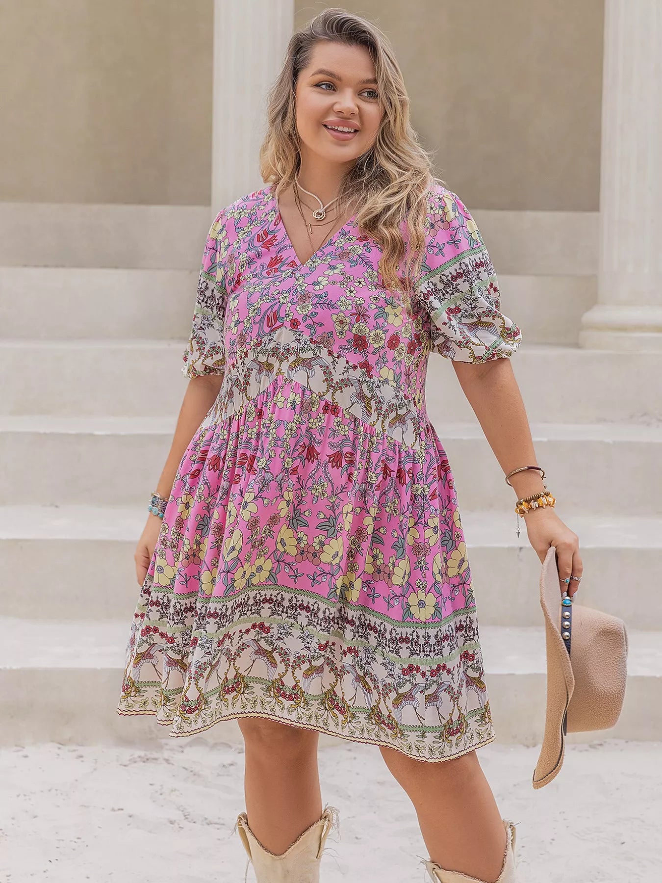 Plus Size Floral Print V-Neck Puff Sleeve Summer Dress