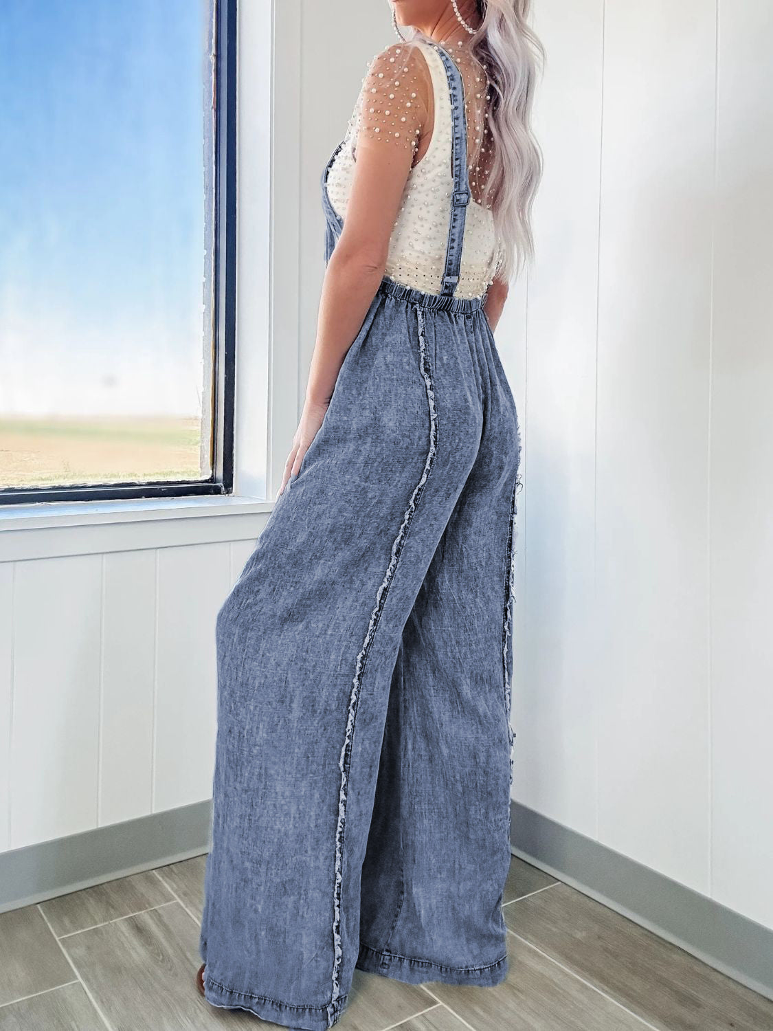 Exposed Seam Washed Wide Leg Denim Overalls