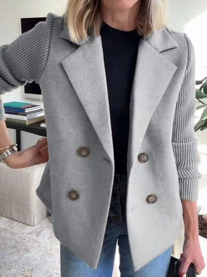 Full Size Knit Sleeve Double-Breasted Outerwear Plus Size Light Gray