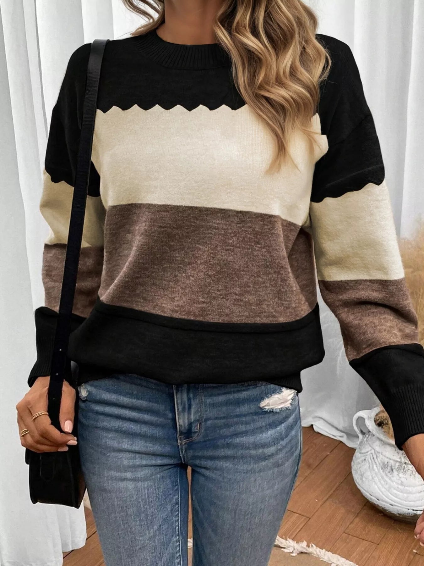 Color Block Crew Neck Drop Shoulder Sweater Black