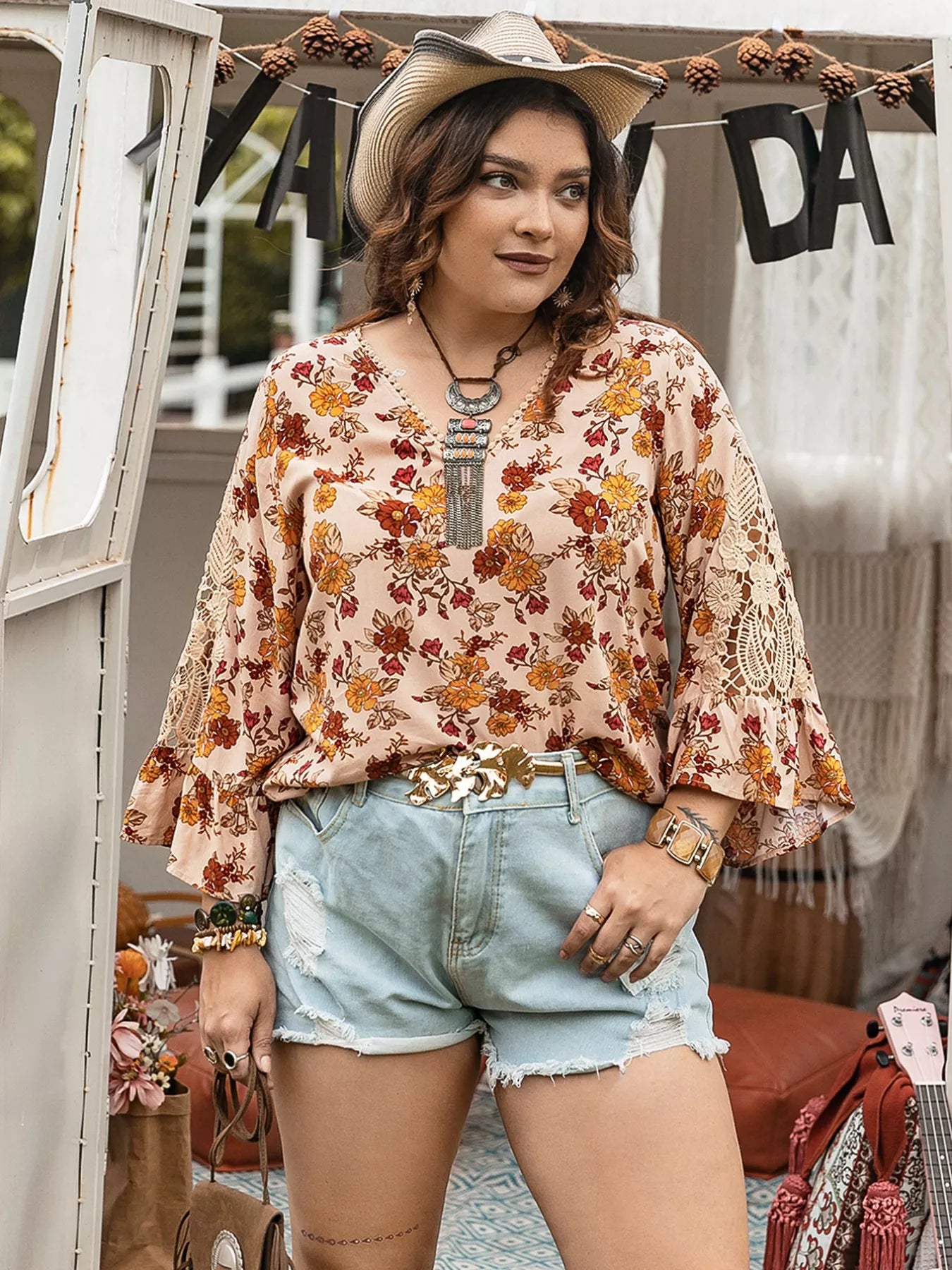 Plus Size Floral Lace Detail V-Neck Blouse Floral