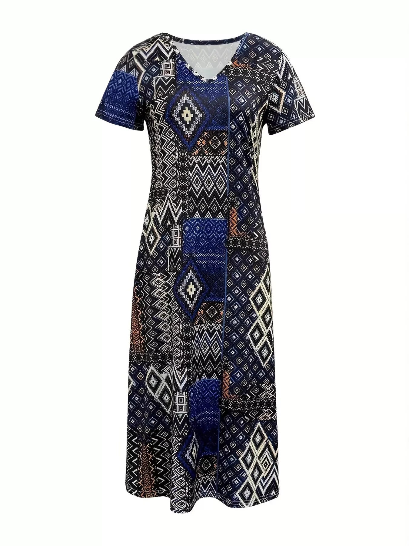 Plus Size Geometric Print V-Neck Short Sleeve Dress