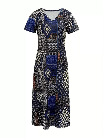 Plus Size Geometric Print V-Neck Short Sleeve Dress