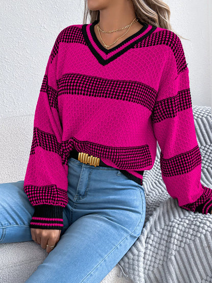 Contrast Striped V-Neck Sweater Rose Red
