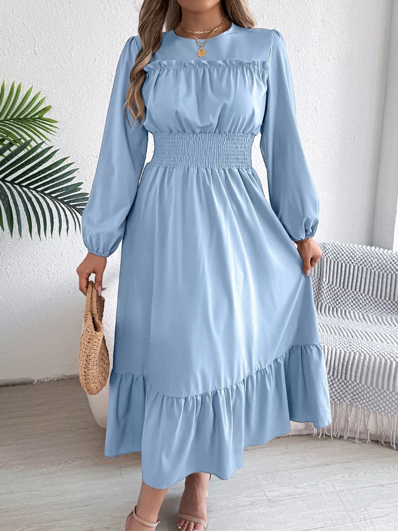 Round Neck Balloon Sleeve Tiered Dress Light Blue