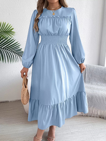 Round Neck Balloon Sleeve Tiered Dress Light Blue