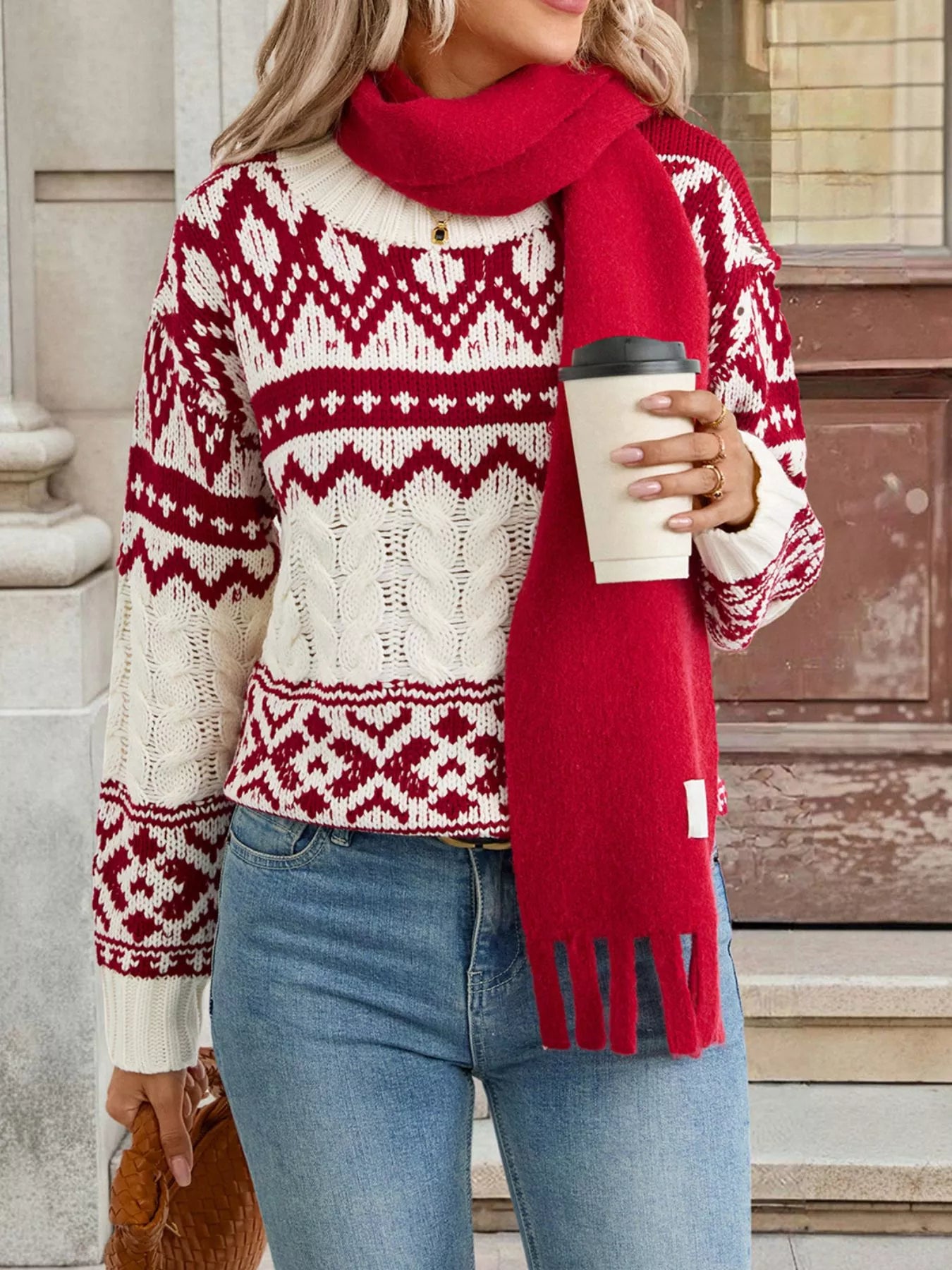 Christmas Cable Knit Long Sleeve Sweater Burgundy