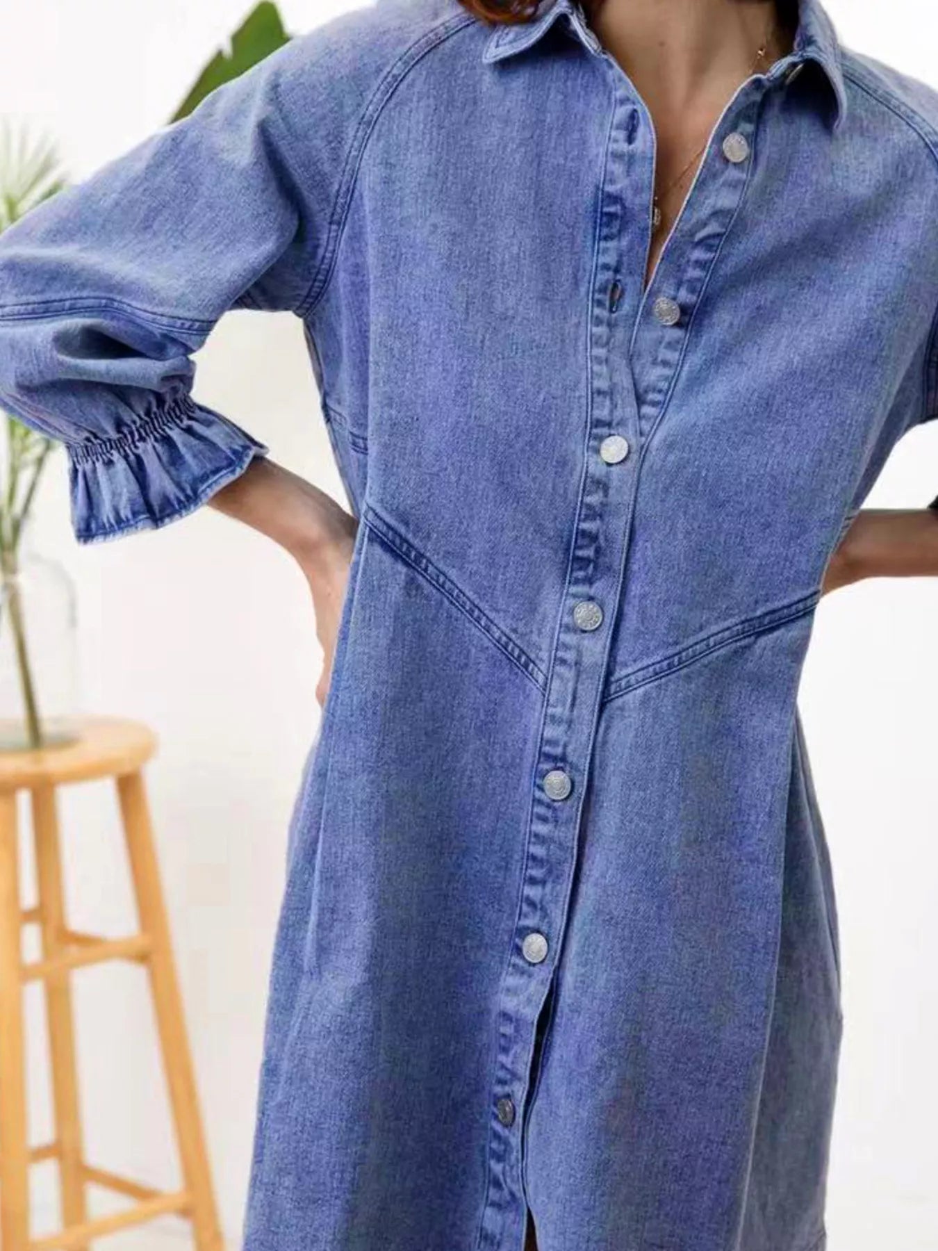 Ruffled Cuff Button-Down Denim Dress