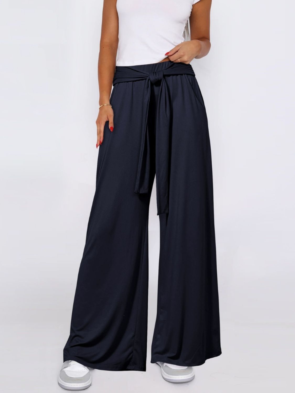 Tied Wide Leg Pants with Pockets Navy