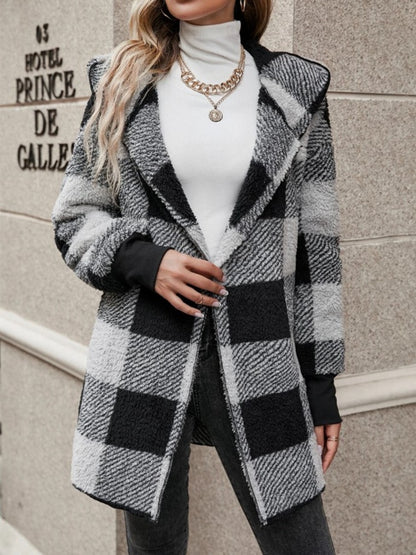 Plaid Long Sleeve Hooded Coat Black