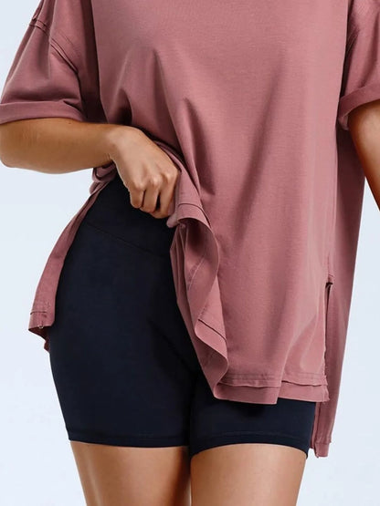 Full Size Oversized Drop Shoulder Side Slit T-Shirt Plus Size