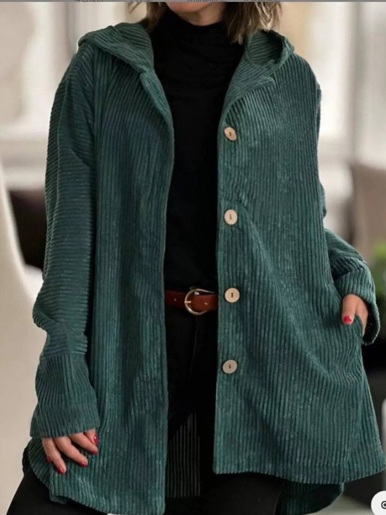 Full Size Corduroy Hooded Button-Up Jacket Plus Size Green