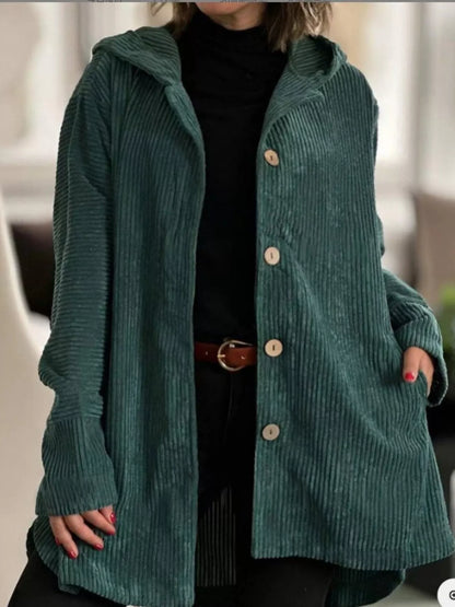 Full Size Corduroy Hooded Button-Up Jacket Plus Size Green