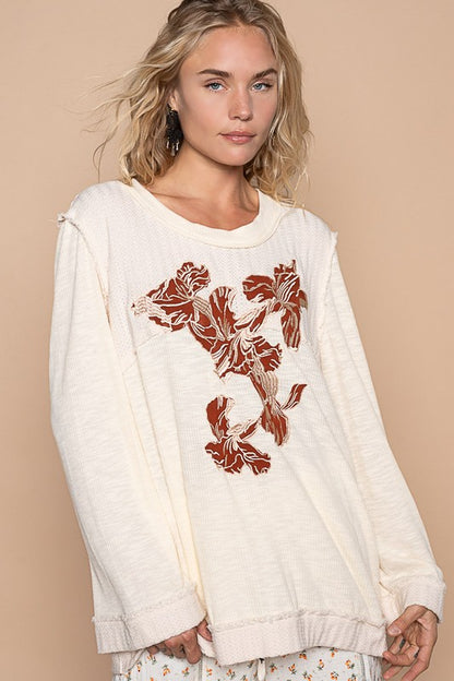 POL Embroidered Round Neck Long Sleeve Knit Top Cream