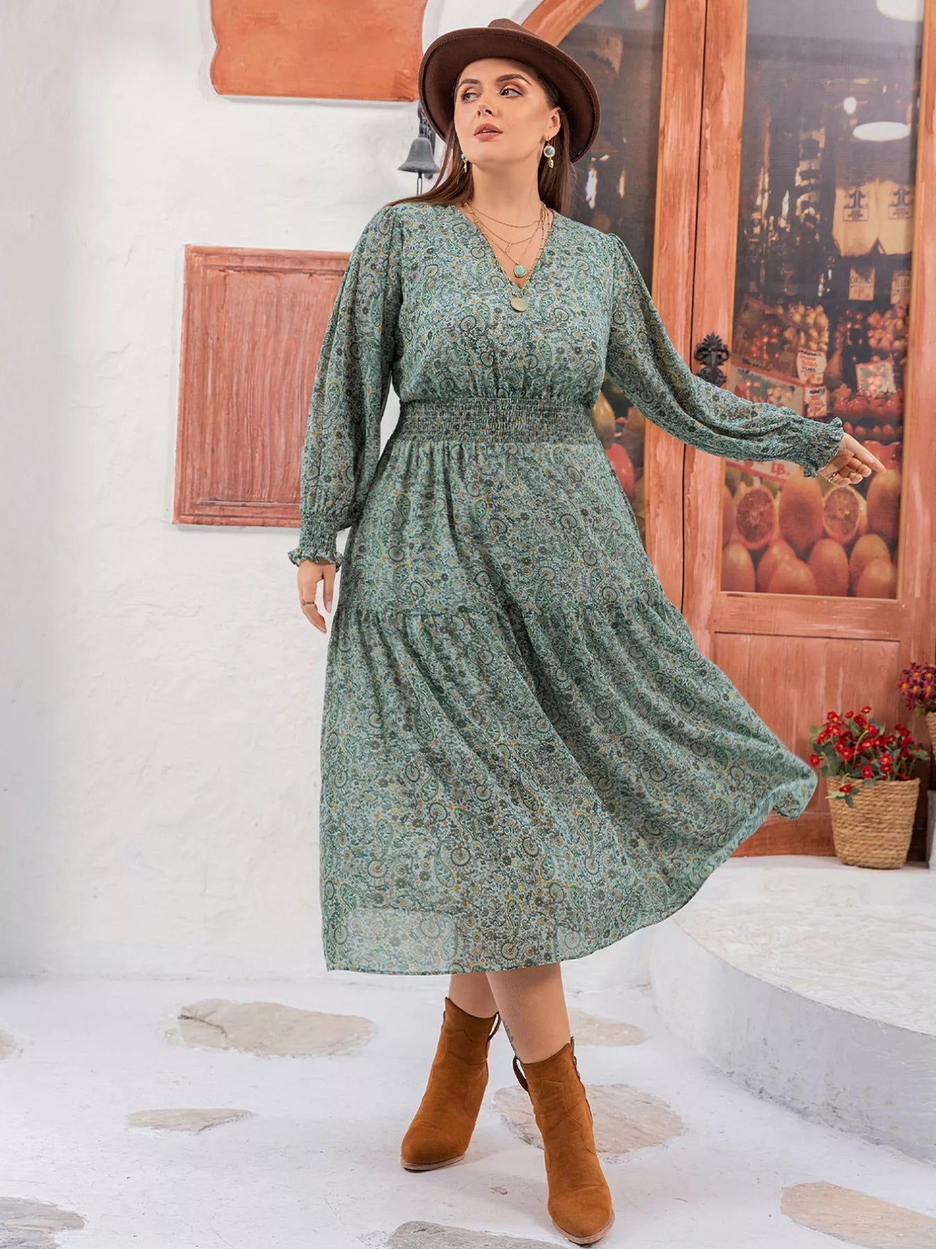 Plus Size Printed V-Neck Long Sleeve Midi Dress Sage