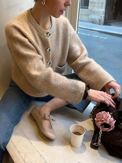 Textured Knit Button-Down Cardigan Khaki