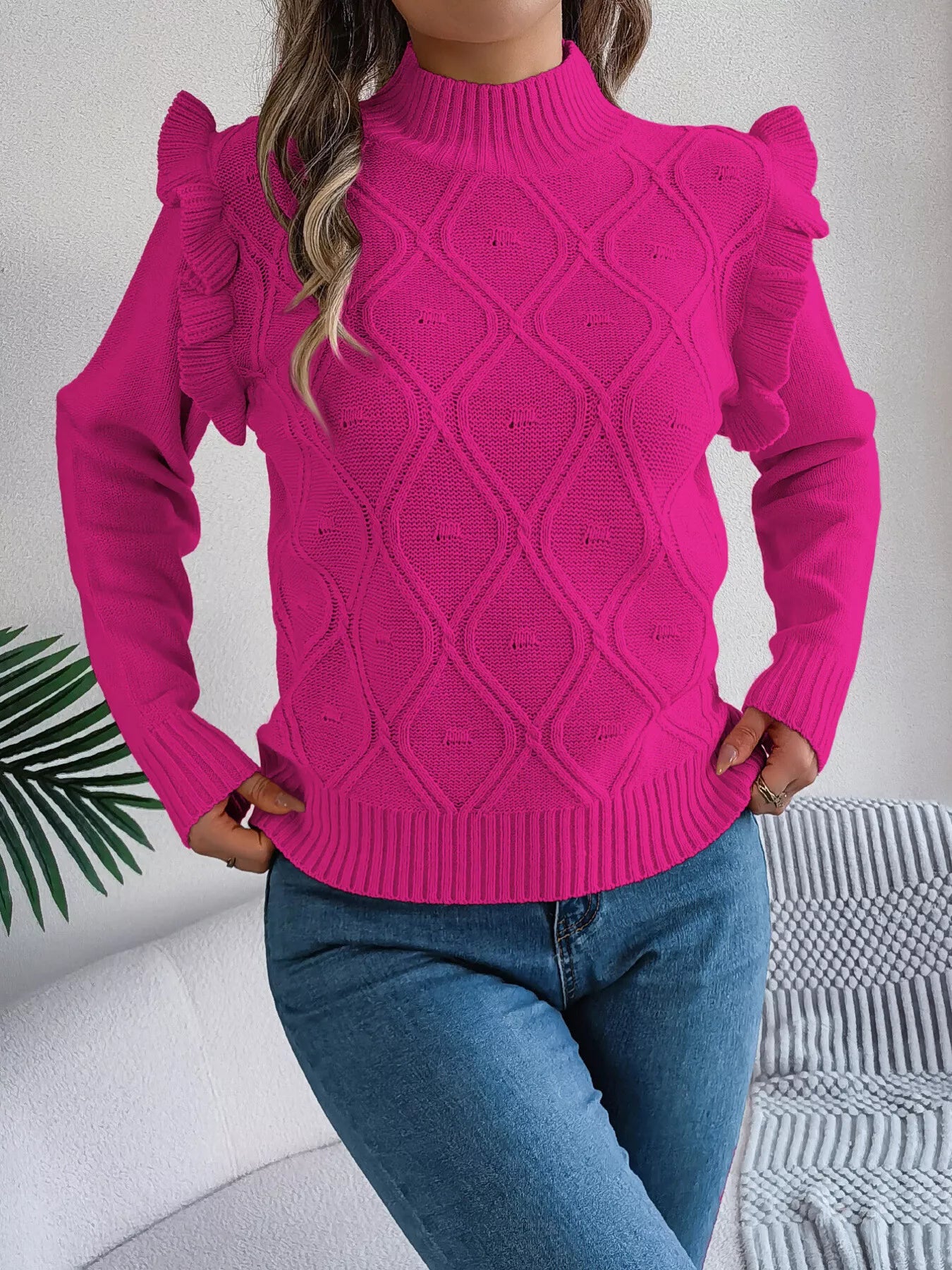 Mock Neck Ruffle Trim Long Sleeve Sweater