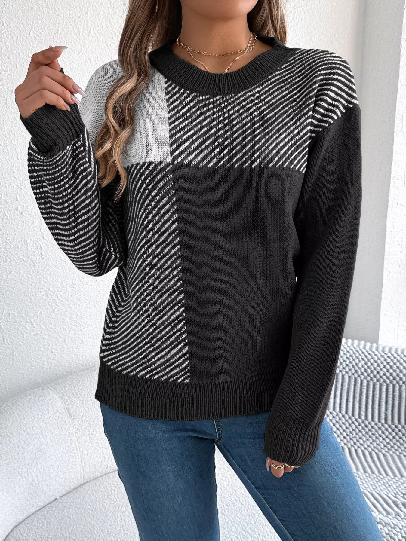 Color Block Striped Round Neck Sweater