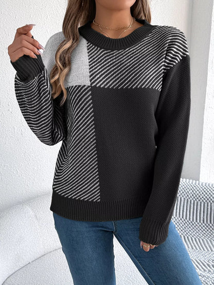 Color Block Striped Round Neck Sweater