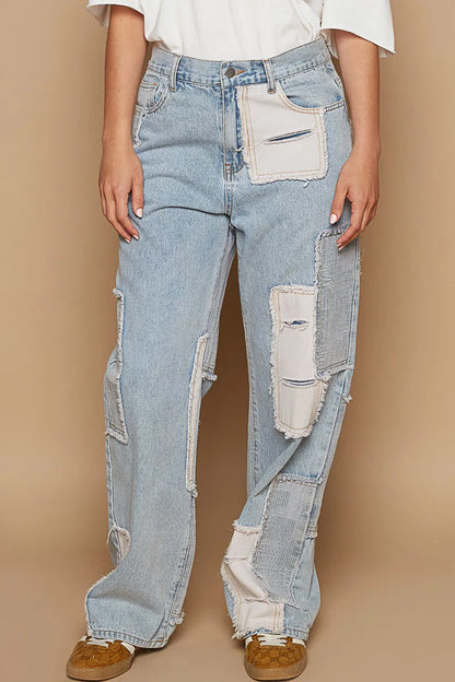 POL Contrast Patched Raw Hem Straight Jeans Light