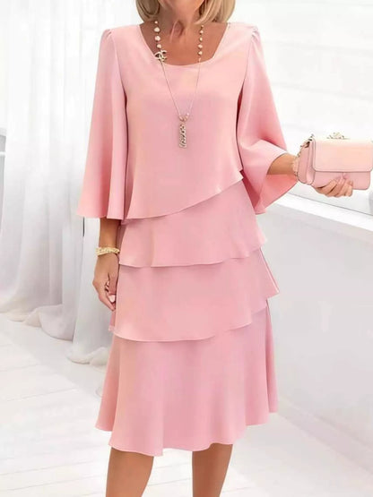 Full Size Ruffled Layered 3/4 Sleeve Dress Plus Size Blush Pink