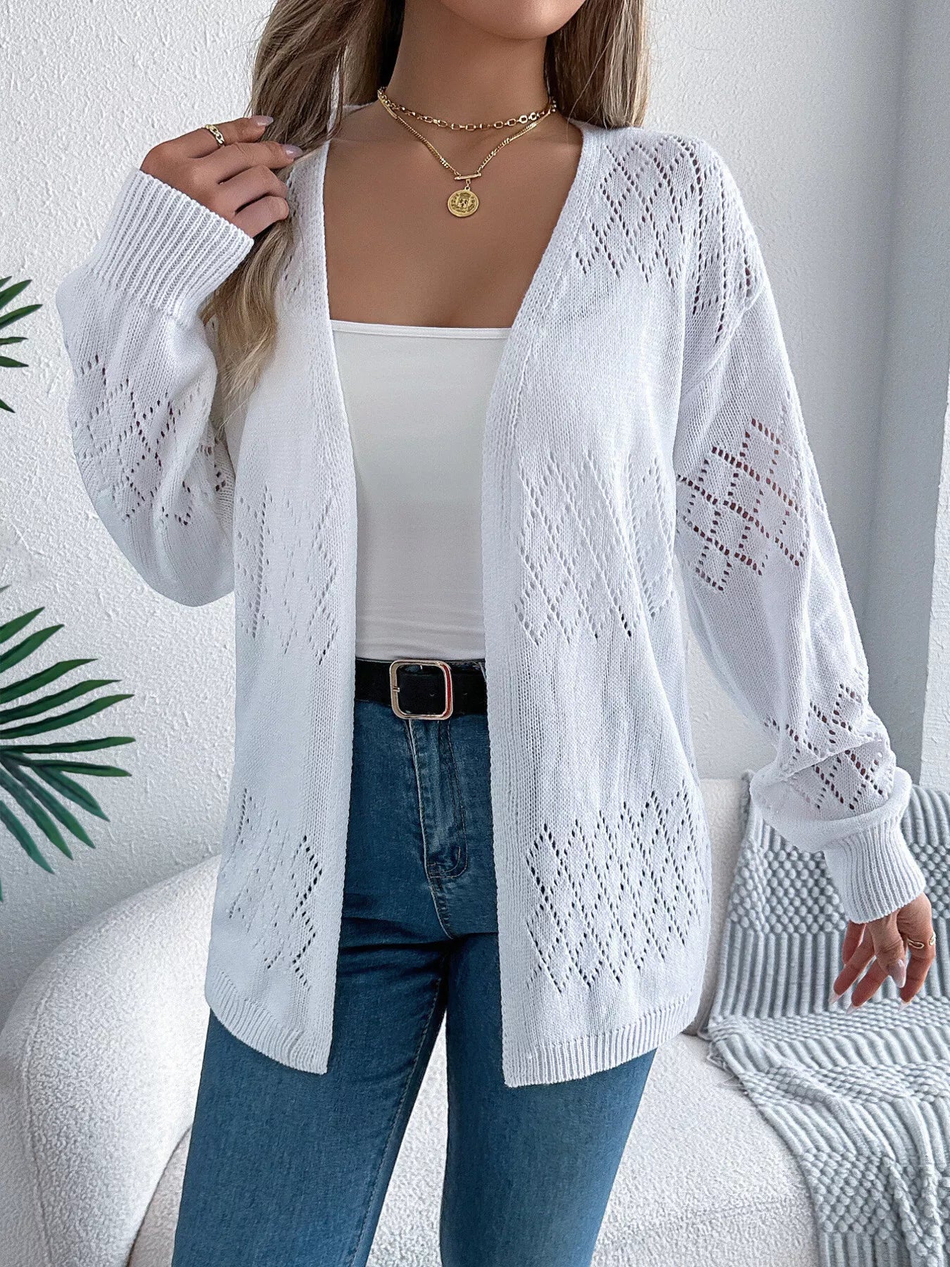 Openwork Open Front Long Sleeve Cardigan