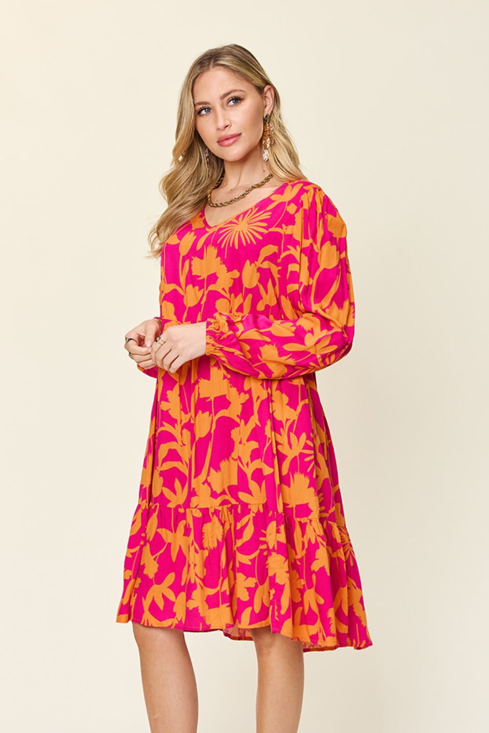 Printed Ruffle Hem Long Sleeve Rayon Dress