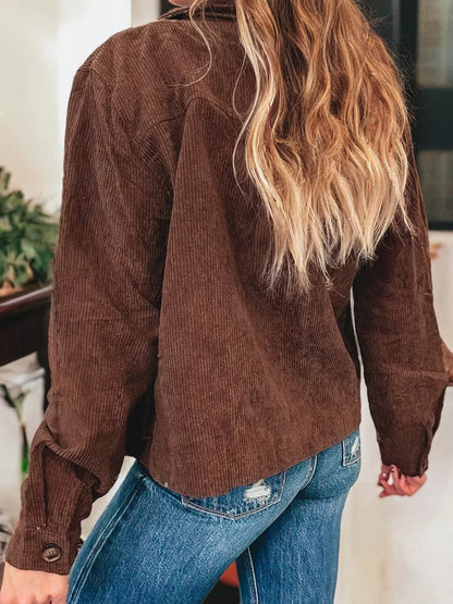 Floral Embroidered Collar Button Front Corduroy Jacket