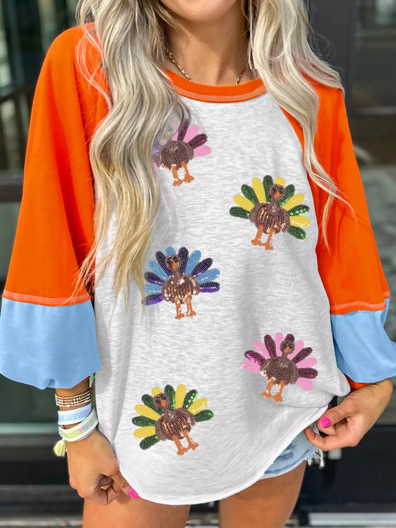 Thanksgiving Turkey Sequin Color Block Raglan Sleeve Top Orange