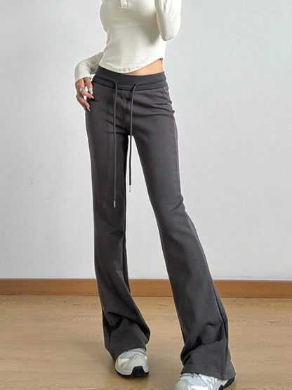 High Waist Flare Drawstring Casual Pants Dark Gray