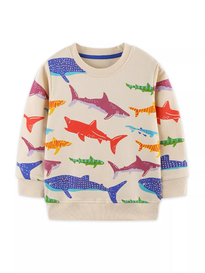 Children's Colorful Shark Print Crewneck Sweatshirt