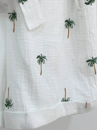Palm Tree Print Short Sleeve Button-Up Romper with Belt