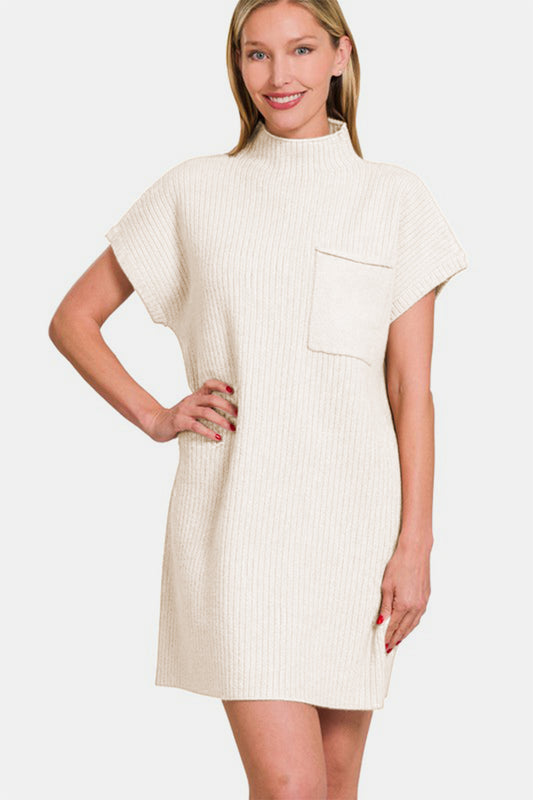 Zenana Short Sleeve Sweater Mini Dress Ivory