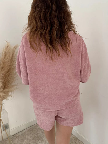 Round Neck Dropped Shoulder Top and Drawstring Shorts Set