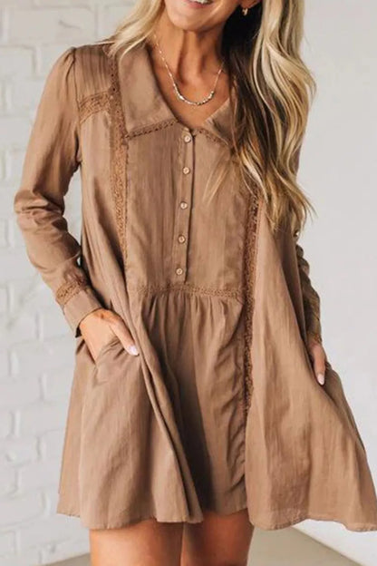 Lace Trim Button-Down Mini Dress Camel