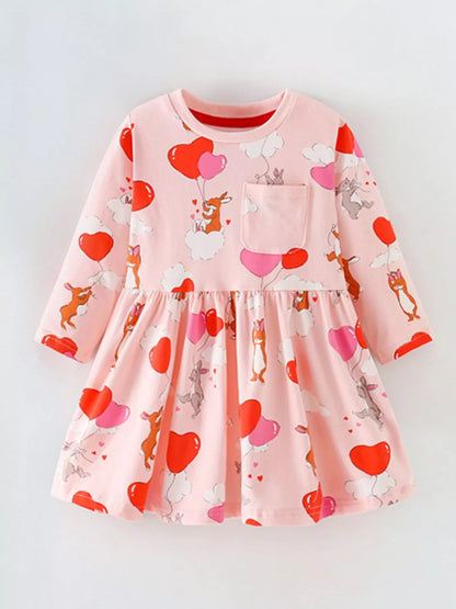 Children's Animal Heart Balloon Print Long Sleeve Dress Dusty Pink